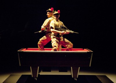 (Left to right) Andrew Fraser as Fraz and Scott Fletcher as Kenzie in National Theater of Scotland’s production of Black Watch, presented by Chicago Shakespeare Theater at the Broadway Armory, October 10–21, 2012. Photo by Scott Suchman.