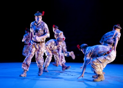 (Left to right) Cameron Barnes, Richard Rankin (facing), Chris Starkie, Andrew Fraser, Robert Jack, and Scott Fletcher in National Theater of Scotland’s production of Black Watch, presented by Chicago Shakespeare Theater at the Broadway Armory, October 10–21, 2012. Photo by Scott Suchman.