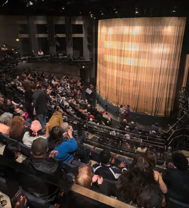 View from the balcony at Steppenwolf Theatre in Chicago, looking down at the lower-level seating and stage
